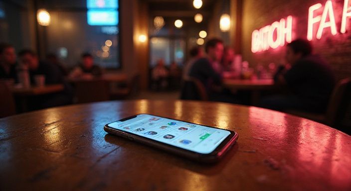 Een smartphone in een café toont een datingapplicatie. Een smartphone in een café toont een datingapplicatie voor een sexdate in West-Vlaanderen.