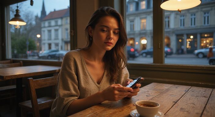 Een vrouw in een café bekijkt een datingapp op haar smartphone. Een vrouw in een café bekijkt een datingapp voor sexdating in Gent op haar smartphone.