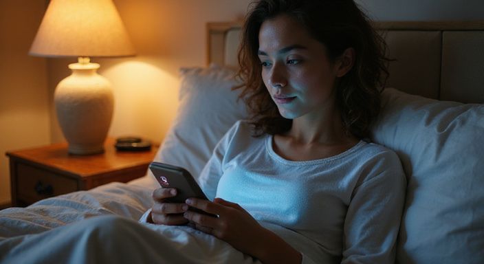 Een jongvolwassene zit op bed en gebruikt een smartphone. Een jongvolwassene zit op bed en gebruikt een smartphone om te zoeken naar sexdating in Gent.