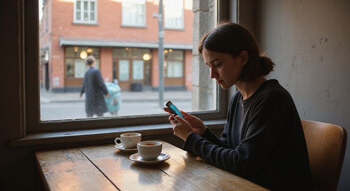 Een jonge volwassene zit alleen in een café met een smartphone
