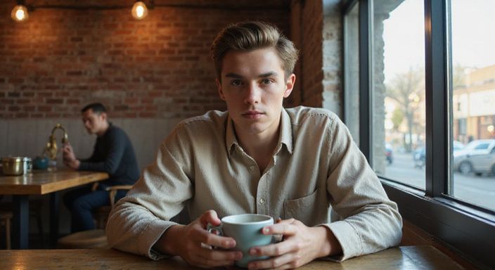 Jonge volwassene kijkt geconcentreerd naar een datingapp in een café. Jonge volwassene kijkt geconcentreerd naar een datingapp voor transgender sexdating in een café.