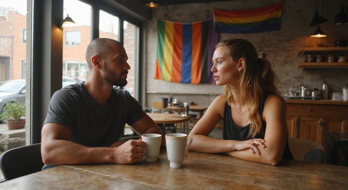Twee volwassenen genieten van een gesprek in een gezellige café. Twee volwassenen genieten van een gesprek over transgender sexdating in een gezellige café.